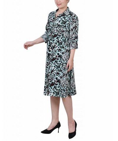 Petite Printed Long Sleeve Roll Tab Shirtdress Aqua Animal $20.72 Dresses