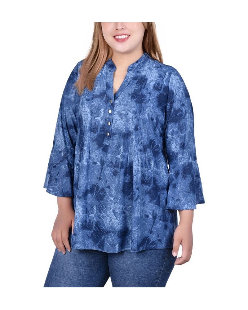 Plus Size Pleat Front Y-Neck Top Denim Tie Dye $11.68 Tops