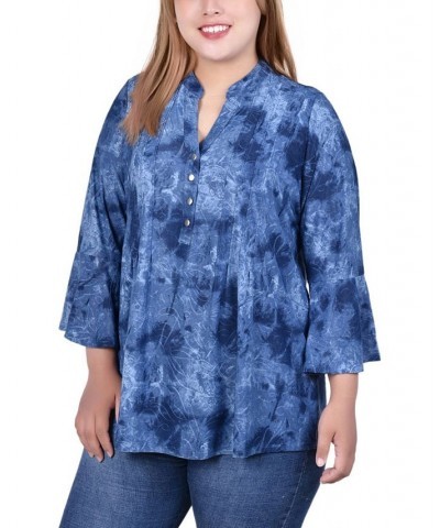 Plus Size Pleat Front Y-Neck Top Denim Tie Dye $11.68 Tops