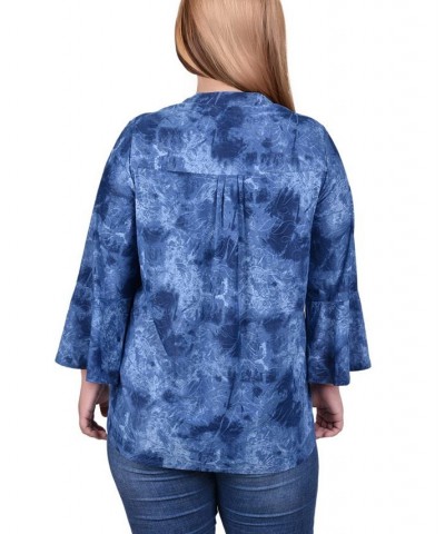 Plus Size Pleat Front Y-Neck Top Denim Tie Dye $11.68 Tops