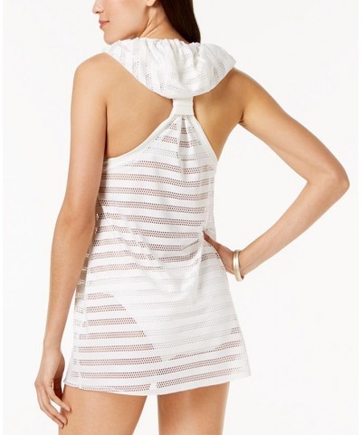 Crochet Striped Hooded Tunic Cover-Up White $22.49 Swimsuits