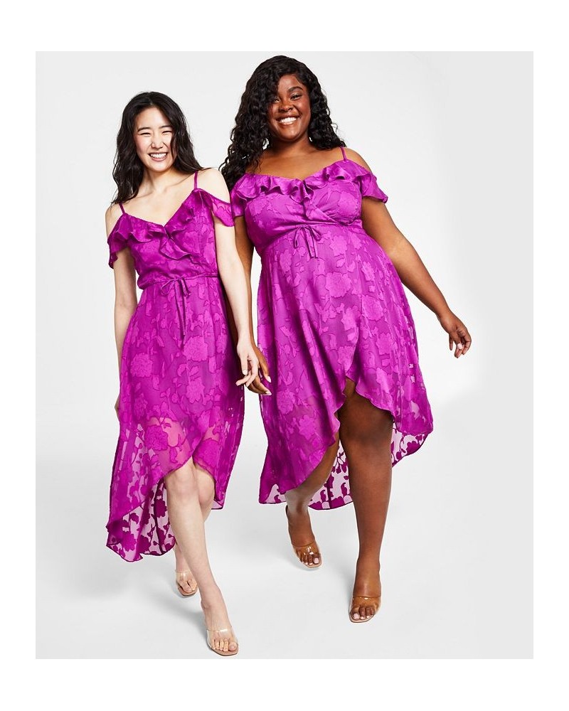 Off-The-Shoulder Ruffled Asymmetrical-Hem Tie-Waist Jacquard Dress Magenta $37.92 Dresses