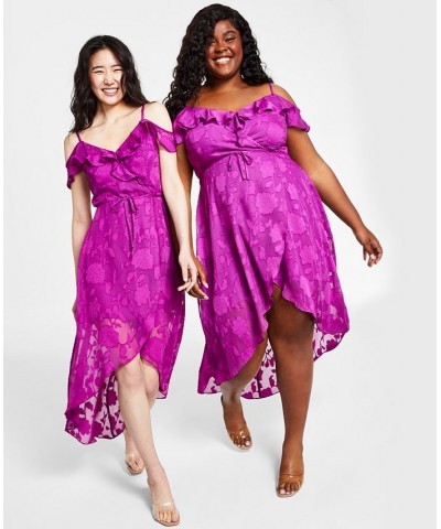 Off-The-Shoulder Ruffled Asymmetrical-Hem Tie-Waist Jacquard Dress Magenta $37.92 Dresses