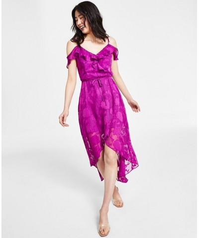 Off-The-Shoulder Ruffled Asymmetrical-Hem Tie-Waist Jacquard Dress Magenta $37.92 Dresses