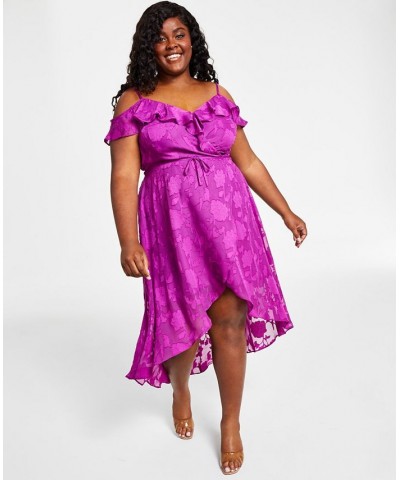 Off-The-Shoulder Ruffled Asymmetrical-Hem Tie-Waist Jacquard Dress Magenta $37.92 Dresses