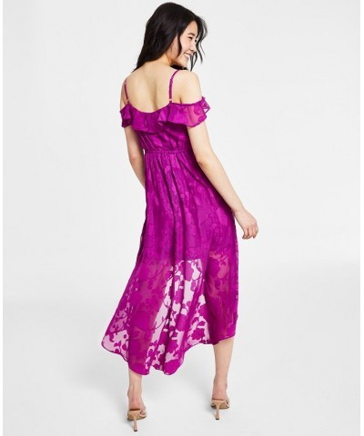 Off-The-Shoulder Ruffled Asymmetrical-Hem Tie-Waist Jacquard Dress Magenta $37.92 Dresses