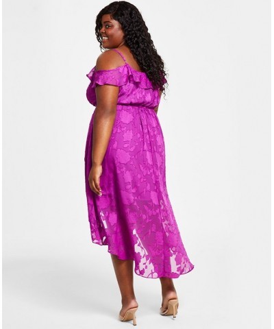 Off-The-Shoulder Ruffled Asymmetrical-Hem Tie-Waist Jacquard Dress Magenta $37.92 Dresses