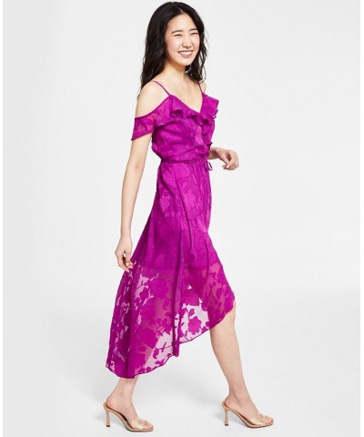 Off-The-Shoulder Ruffled Asymmetrical-Hem Tie-Waist Jacquard Dress Magenta $37.92 Dresses