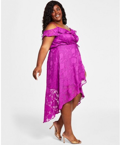 Off-The-Shoulder Ruffled Asymmetrical-Hem Tie-Waist Jacquard Dress Magenta $37.92 Dresses