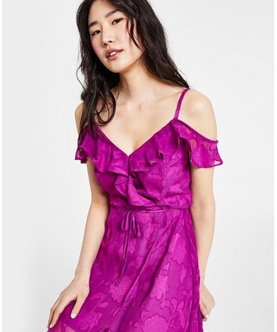 Off-The-Shoulder Ruffled Asymmetrical-Hem Tie-Waist Jacquard Dress Magenta $37.92 Dresses