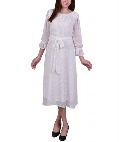 Women's 3/4 Sleeve Belted Swiss Dot Dress Ivory/Cream $22.23 Dresses