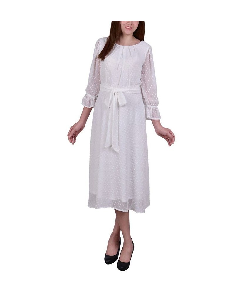 Women's 3/4 Sleeve Belted Swiss Dot Dress Ivory/Cream $22.23 Dresses