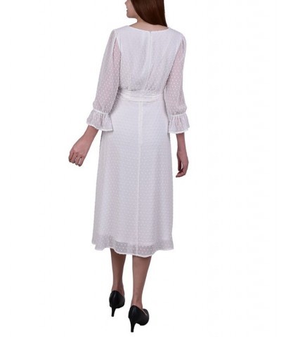 Women's 3/4 Sleeve Belted Swiss Dot Dress Ivory/Cream $22.23 Dresses