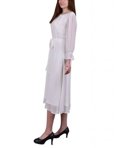 Women's 3/4 Sleeve Belted Swiss Dot Dress Ivory/Cream $22.23 Dresses