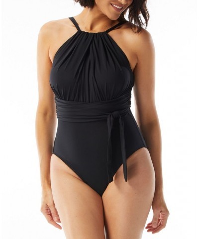 Women's Contours Belted High-Neck One-Piece Swimsuit Black $51.68 Swimsuits