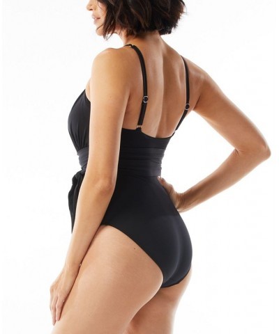 Women's Contours Belted High-Neck One-Piece Swimsuit Black $51.68 Swimsuits