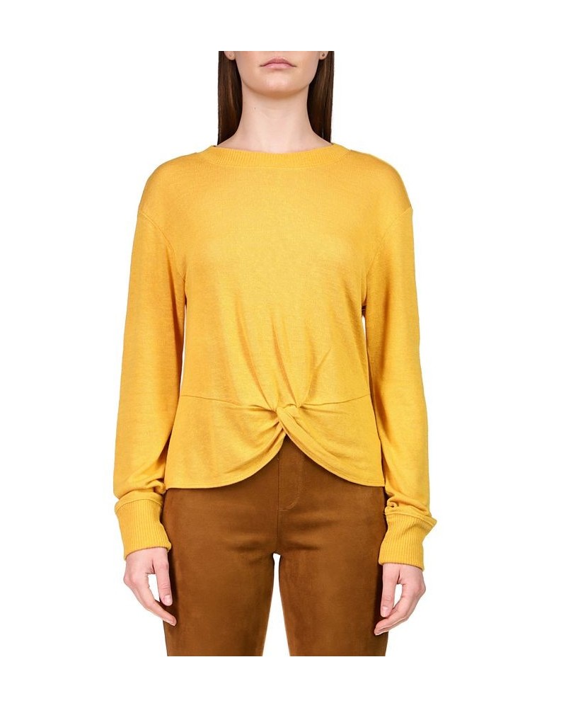 Women's Knotted-Front Long-Sleeve Knit Top Yellow $15.63 Tops