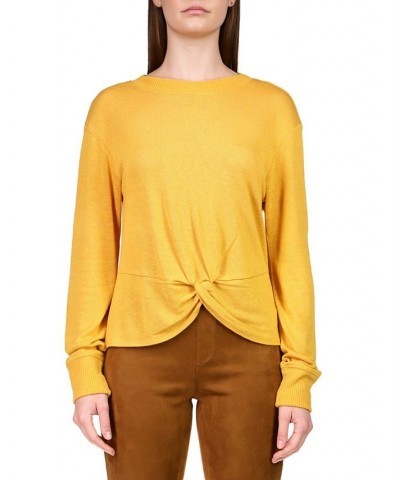 Women's Knotted-Front Long-Sleeve Knit Top Yellow $15.63 Tops