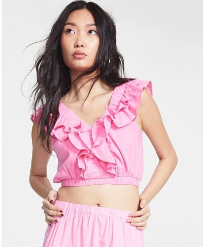 Women's Sleeveless V-Neck Ruffled Top Pink $9.52 Tops