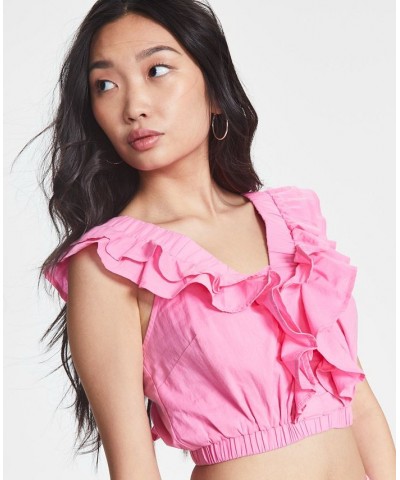 Women's Sleeveless V-Neck Ruffled Top Pink $9.52 Tops