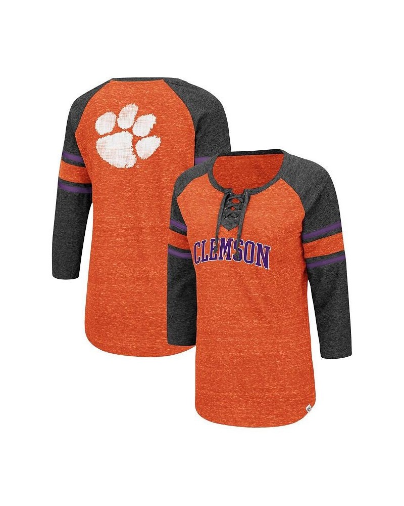 Women's Clemson Tigers Scienta Pasadena Raglan 3/4 Sleeve Space Dye Lace-Up T-shirt Orange, Heathered Charcoal $29.49 Tops