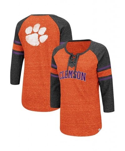 Women's Clemson Tigers Scienta Pasadena Raglan 3/4 Sleeve Space Dye Lace-Up T-shirt Orange, Heathered Charcoal $29.49 Tops