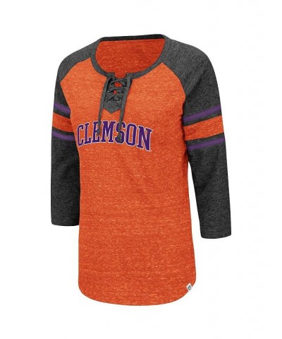 Women's Clemson Tigers Scienta Pasadena Raglan 3/4 Sleeve Space Dye Lace-Up T-shirt Orange, Heathered Charcoal $29.49 Tops