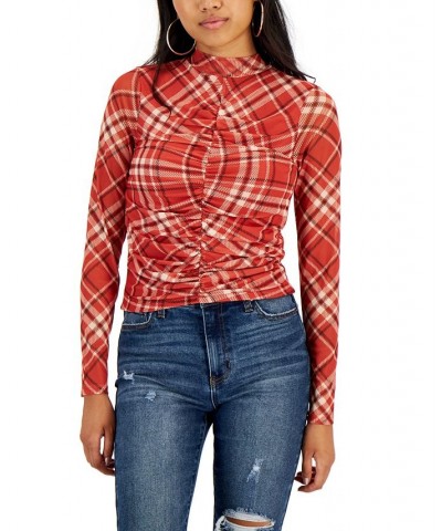 Juniors' Ruched Mesh Mock-Neck Top Orange $11.52 Tops