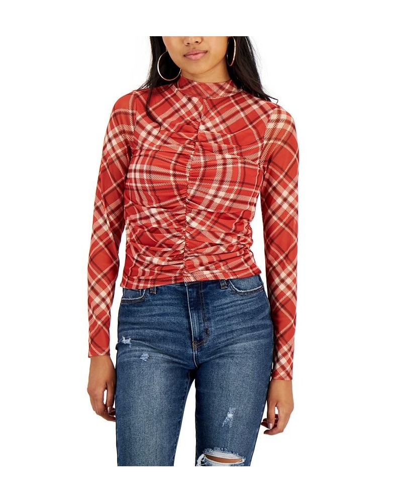 Juniors' Ruched Mesh Mock-Neck Top Orange $11.52 Tops