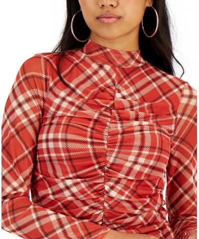 Juniors' Ruched Mesh Mock-Neck Top Orange $11.52 Tops