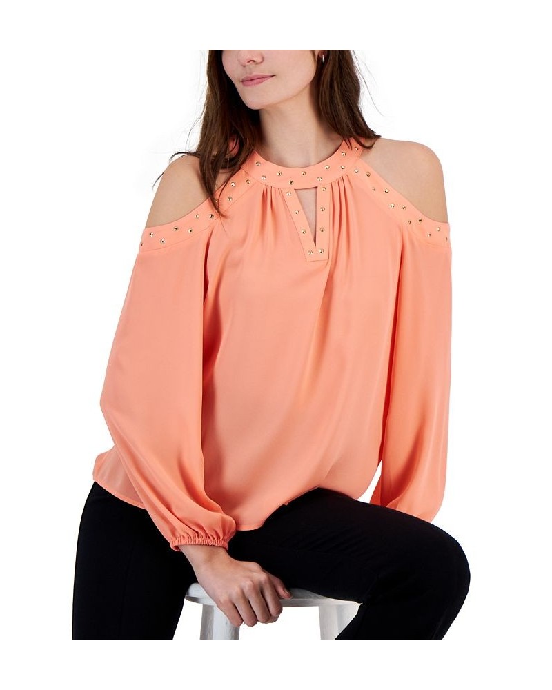 Women's Studded Cold-Shoulder Top Pink $27.57 Tops