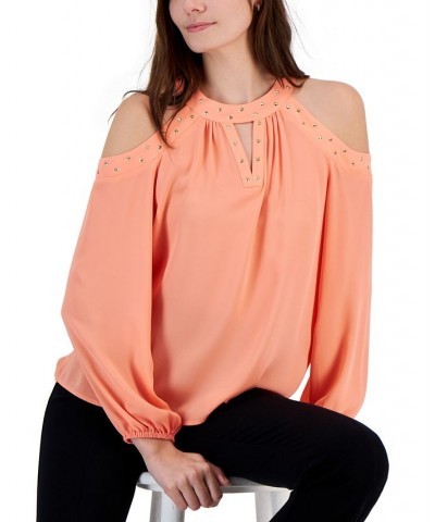 Women's Studded Cold-Shoulder Top Pink $27.57 Tops