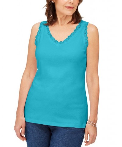 Petite Cotton Lace-Trim Tank Top Aqua Oasis $9.68 Tops