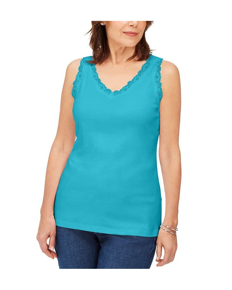 Petite Cotton Lace-Trim Tank Top Aqua Oasis $9.68 Tops