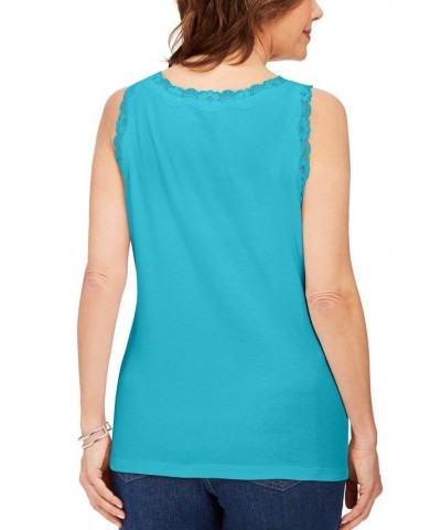 Petite Cotton Lace-Trim Tank Top Aqua Oasis $9.68 Tops