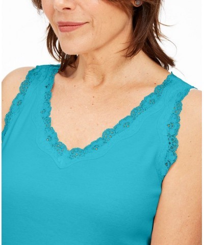 Petite Cotton Lace-Trim Tank Top Aqua Oasis $9.68 Tops