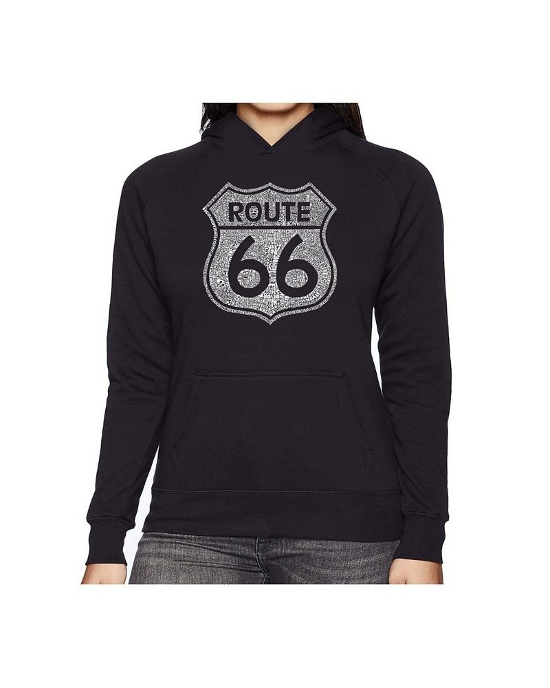 Women's Word Art Hooded Sweatshirt -Cities Along The Legendary Route 66 Black $25.20 Sweatshirts