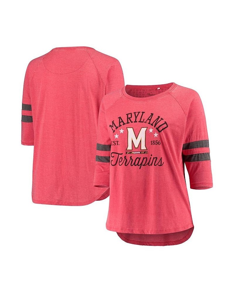 Women's Heather Red Maryland Terrapins Plus Size Jade Vintage-Inspired Washed 3/4-Sleeve Jersey T-shirt Red $29.69 Tops