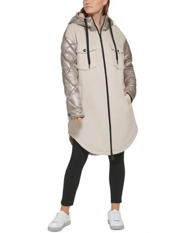 Women's Hooded Mixed-Media Coat Khaki $47.01 Coats