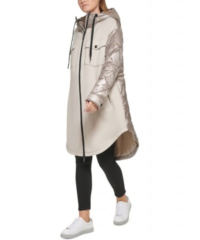 Women's Hooded Mixed-Media Coat Khaki $47.01 Coats