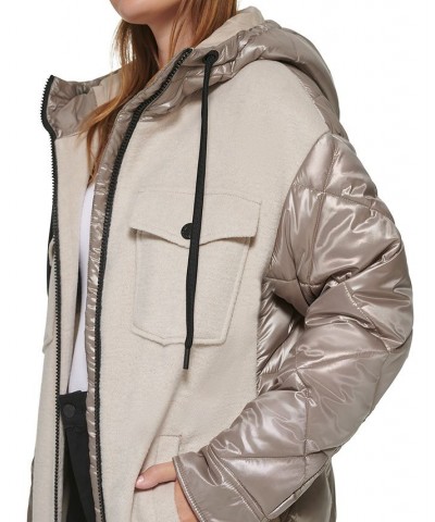 Women's Hooded Mixed-Media Coat Khaki $47.01 Coats