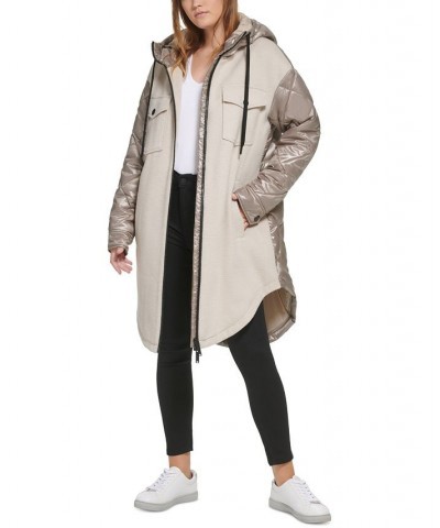 Women's Hooded Mixed-Media Coat Khaki $47.01 Coats