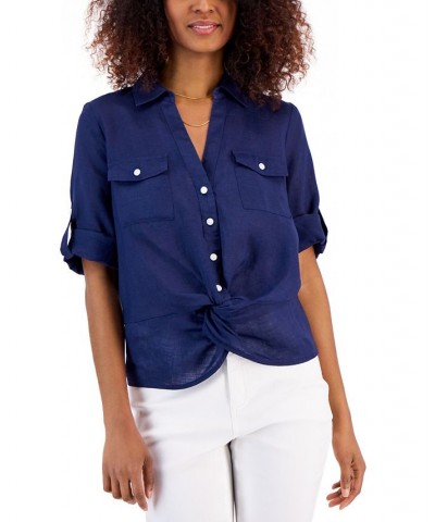 Women's Linen Twist-Hem Blouse Purple $27.37 Tops