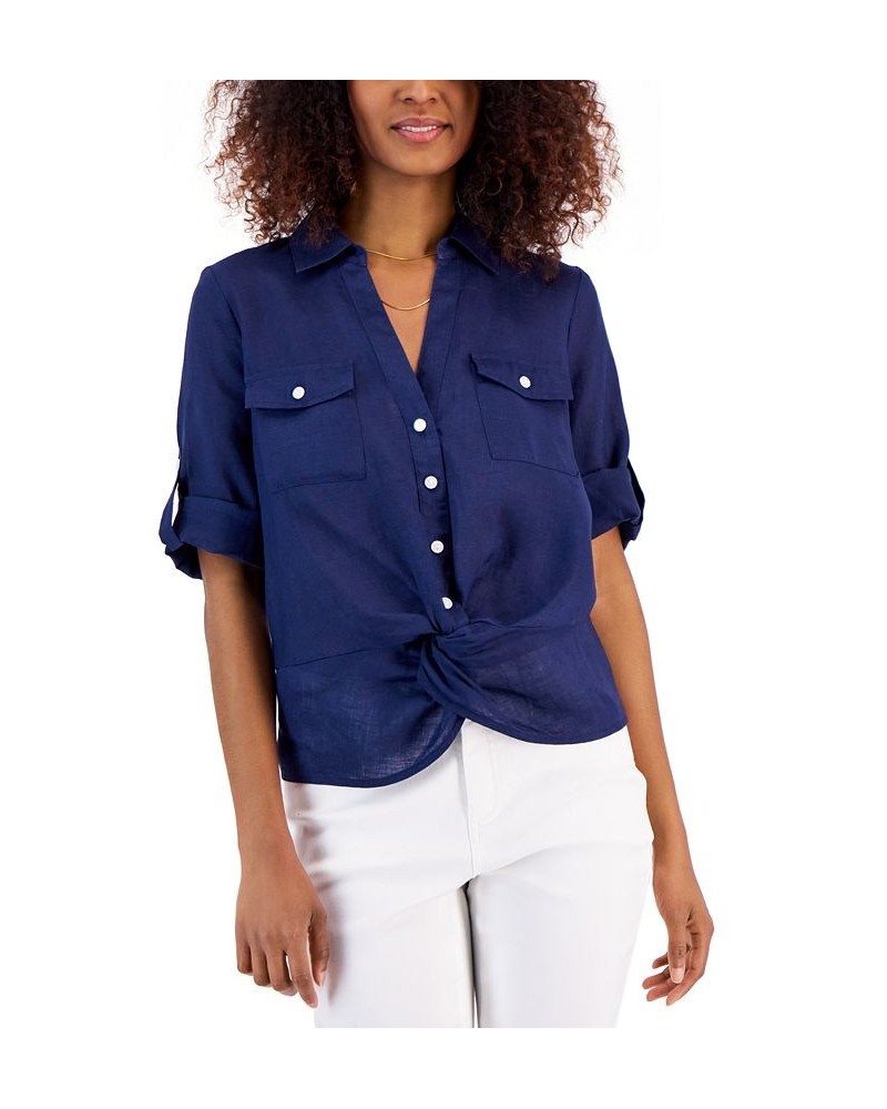 Women's Linen Twist-Hem Blouse Purple $27.37 Tops