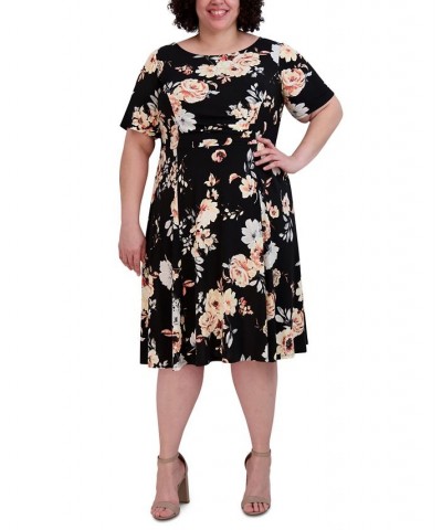 Plus Size Floral-Print Round-Neck Dress Black/Coral $40.05 Dresses