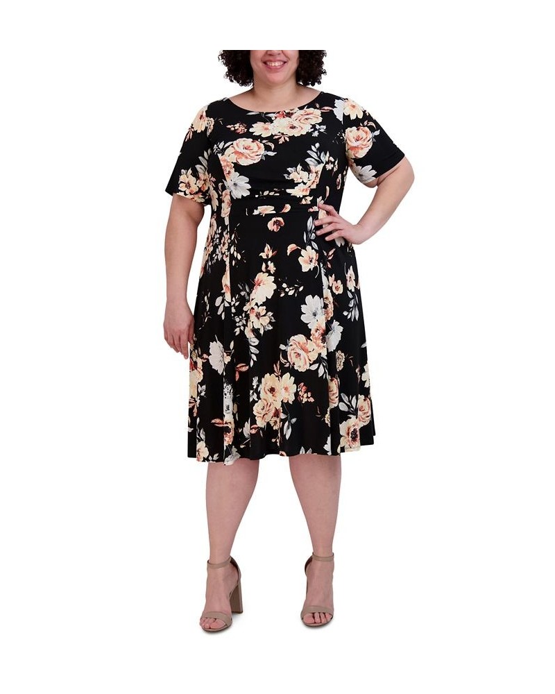 Plus Size Floral-Print Round-Neck Dress Black/Coral $40.05 Dresses