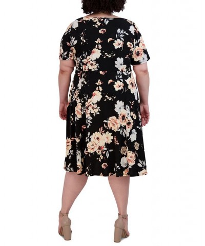 Plus Size Floral-Print Round-Neck Dress Black/Coral $40.05 Dresses