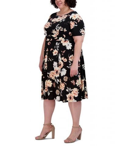 Plus Size Floral-Print Round-Neck Dress Black/Coral $40.05 Dresses