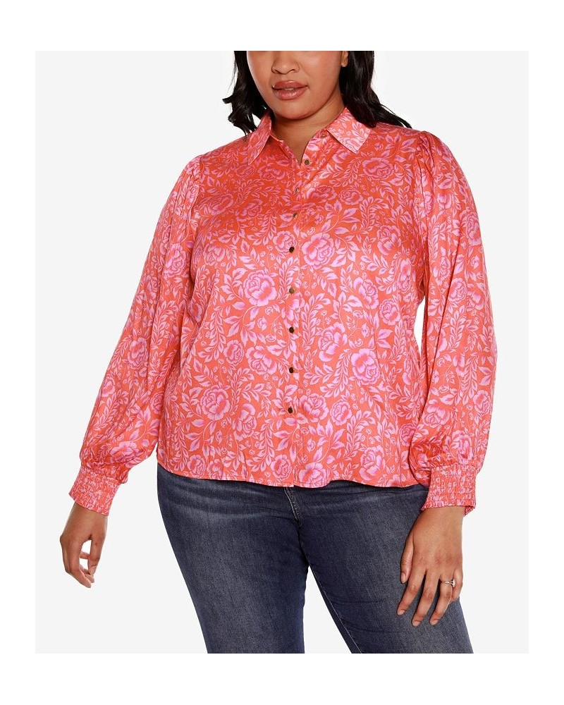 Black Label Plus Size Floral Printed Button-Front Shirt Pink $29.70 Tops