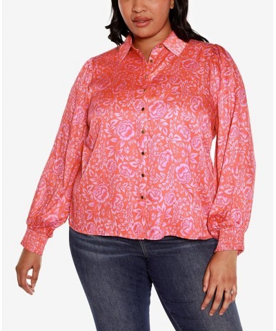 Black Label Plus Size Floral Printed Button-Front Shirt Pink $29.70 Tops